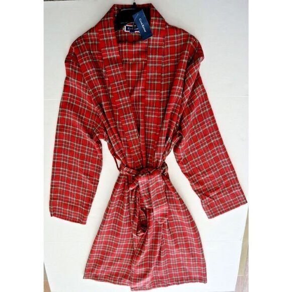 Club Room 10013203100 Men's Sz S/M Red Navy Plaid Plush Flannel Lounge Robe $60 - Picture 4 of 8